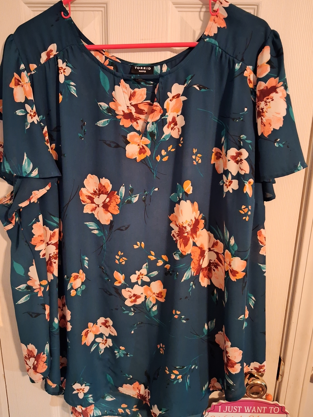 torrid Teal Floral Blouse with Peach Blooms